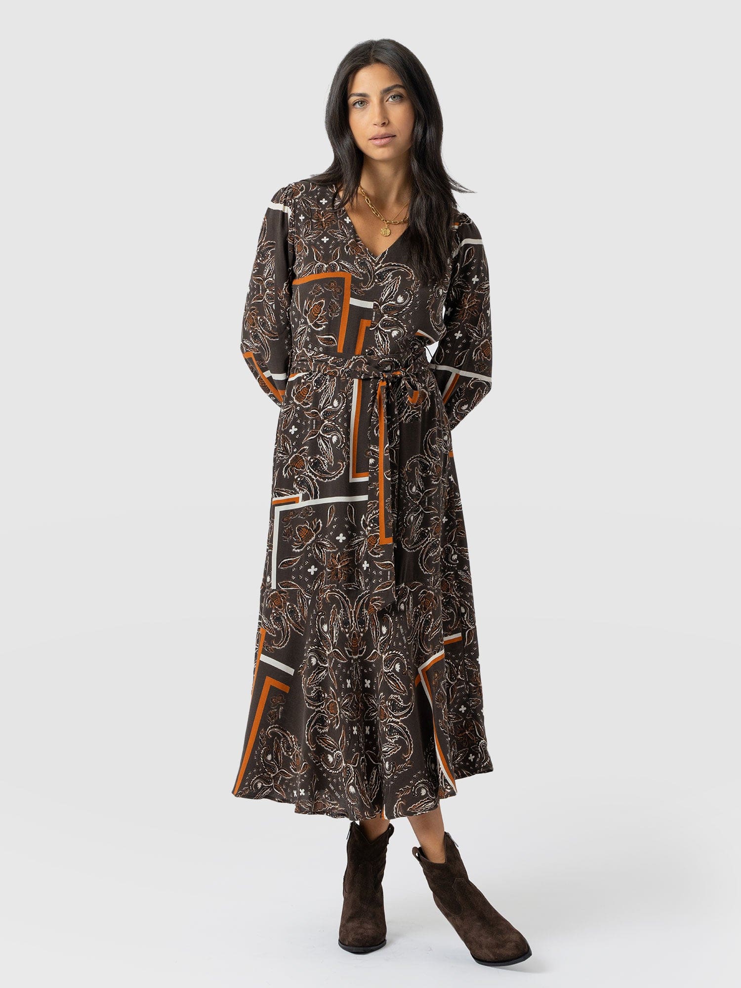 Naya V Neck Dress - Brown Paisley - Women's Dresses | Saint + Sofia? USA
